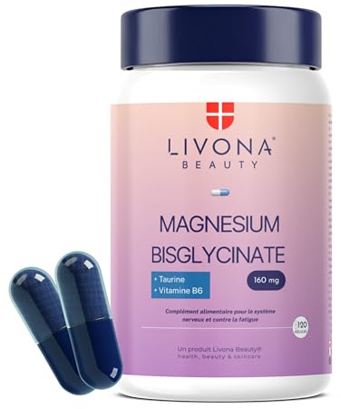 LIVONA BEAUTY Complexe Stress | Nervosité | Sommeil 120 gélules : 320mg Magnésium Bisglycinate + 100mg Taurine + 1.6 mg Vitamine B6 pour 2 gélules - Sans gluten ni OGM ni allergènes, Vegan