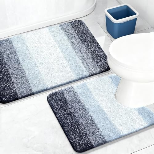 HEUIOP 2 Piece Non-Slip Bath Mat Set Soft Plush Shower Mat & Toilet Pedestal CarpetExtra Soft Absorbent Microfiber Non-Slip Washable Rugs for Shower Floor Bathmat Bathroom Accessories Decor, Blue