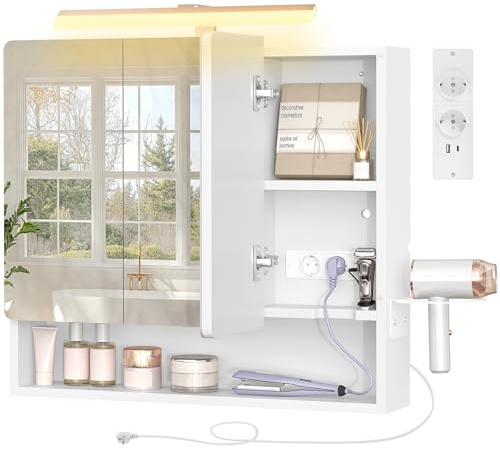 TEENFON Spiegelschrank Bad mit Beleuchtung, Badezimmer Spiegelschrank mit 3 Türen, Steckdose und Haartrockner-Halter, verstellbare Ablagen, Badspiegel 70x15x65cm