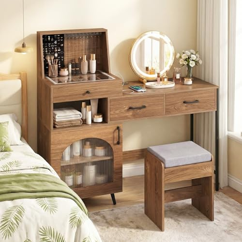 COSTWAY Dressing Table with 3-Color LED Lights Swivel Mirror and Stool, Makeup Table Vanity Desk with Charging Station, Glass Top, 3 Drawers, 120 Ring Slots, 10 Necklace Hooks & Side Cabinet (Natural)