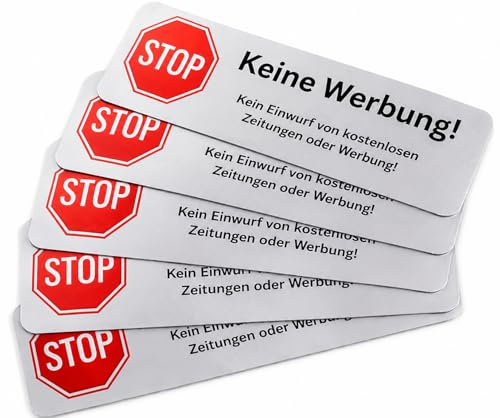 Keine Werbung Aufkleber für Briefkasten – 5 Stück Silberfolie 67×21 mm – Stop Werbung Schild – Wetterfest & UV-beständig extra starke Folie