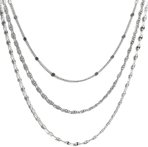 QGSIWEI Layered Necklaces for Women, 3Pcs Titanium Steel Chain Necklace Set, 14K Gold & Silver Plated Dainty Adjustable Necklaces, Hypoallergenic Tarnish-Resistant Jewellery for Daily/Party