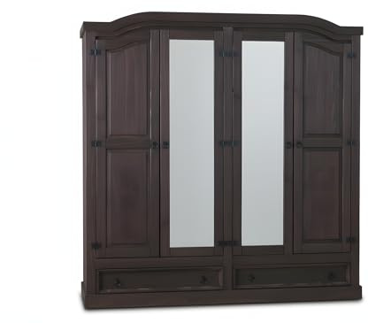 Hacienda-Look – 4-türiger Kiefer Kleiderschrank New Mexico kolonial – B193,5xH 193xT 57cm – 2 Schublade(n) – massive Kiefer – Farbe Dunkelbraun – Hacienda-Stil – wärmender Massivholz-Look fürs Zuhause