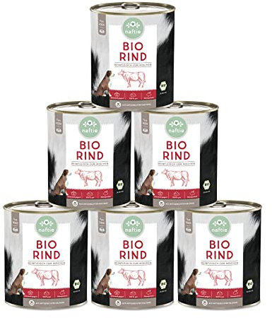 naftie Bio Hundefutter 100% Bio-Rind - Reinfleisch Rind pur - Nassfutter zum Mischen - glutenfrei getreidefrei - Sparpaket 6X 800g Dosen
