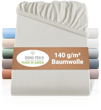 BaSaTex Bio Jersey Spannbettlaken, 200x200-200x220 cm, Natur | 100% Bio Baumwolle, GOTS-Zertifiziert, Rundumgummizug, 140gsm, für Wasserbetten und Boxspringbetten