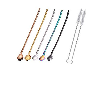 5PCS Metalllöffel Strohhalme Trinklöffel mit 2 Reinigungsbürsten 8,7 ”Wiederverwendbarer Barlöffel Strohhalm für Eiskaffee Gefrorenes Getränk Milchshake Smoothies Sundaes Cocktail Mixen Rühren