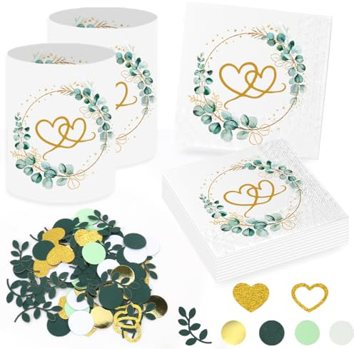 Sprinlot 20 Stück Servietten Hochzeit+12 Stück Windlicht Tischdeko Hochzeit Servietten Eukalyptus Hochzeitsdeko Tisch Hochzeitsservietten mit Eukalyptus Konfetti Tischdeko, Hochzeitstag Verlobung Deko