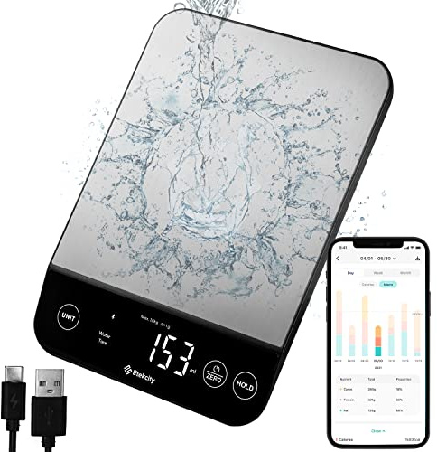 Etekcity Báscula de Nutrición de Alimentos, Báscula Inteligente de Alimentos para Conteo de Calorías, IPX6 Impermeable, Recargable, Bluetooth, Onzas y Gramos para Pérdida de Peso, Cocina, Acero
