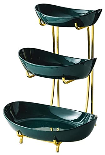 JUNYFFF Frutero De 3 Pisos Cerámica, Cesta De Frutas Cocina Mostrador Y Organizador para Verduras Y Frutas, Metal Soporte De Frutas con Cuencos, Fruit Basket para Verduras, Frutas, Aperitivos,Verde