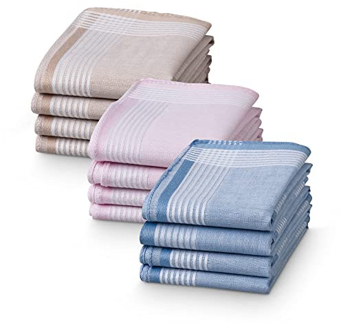 JEMIDI Taschentücher aus Baumwolle - 12x Stofftaschentücher im Set - Taschentuch aus Stoff für Damen Herren Kinder - wiederverwendbar - blau creme rosa