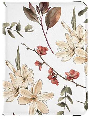Reisepasshülle mit botanischem Muster, weiß, Reisepasshülle aus Leder, mit Impfkartenschlitz, für Damen und Herren, Botanisches Muster, Weiß, Einheitsgröße