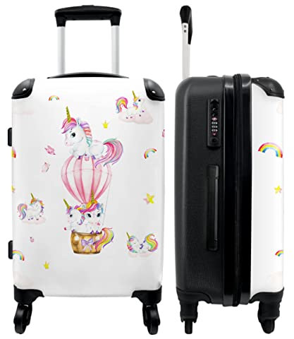NoBoringSuitcases.com® Kinderkoffer Mädchen Hartschalenkoffer Groß Trolley Gepäck Koffer Einhorn - Regenbogen - Heißluftballon - Rosa - 67x43x25cm