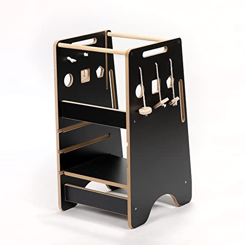 Lernturm Höhenverstellbar Learning Tower - 82x40x50 cm | Kinderhochstuhl Aufstiegshilfe Kindertritt Kinder Hocker | Montessori Tritthocker | Helferturm Hochstand Kinderhocker (Schwarz)