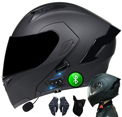 Casque Bluetooth De Moto avec Gants Et Masque Casque Pivotant Approuvé Dot/ECE Casque Modulaire Double Visière Casque Complet avec Doublure Amovible Et Lavable M ~ XXL