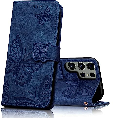 CXTcase Handyhülle für Samsung Galaxy S23 Ultra Hülle,Schutzhülle Flip Case für Samsung Galaxy S23 Ultra,PU Leder Magnetische Schmetterlings Lederhülle Tasche für Samsung Galaxy S23 Ultra,Blau