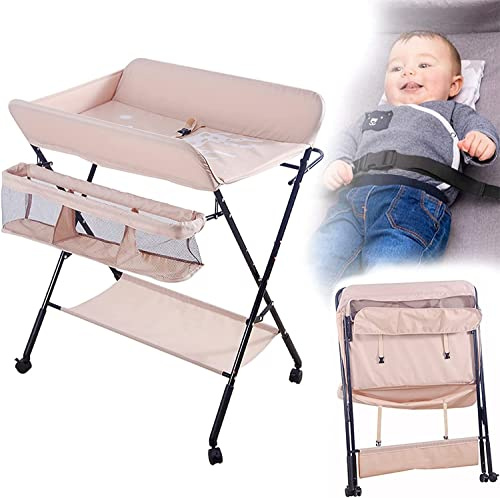Fasciatoio Pieghevole per Neonato con Struttura Stabile,Fasciatoio per Bambini, Salva Spazio, per Cambio Pannolino,4 ruote con freno,Fasciatoio Portatile con Scomparti Portaoggetti (80*66*98cm-Rosa)