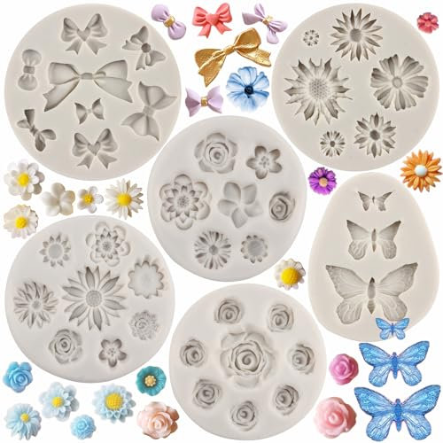 MYPRACS Lot De 6 Moules En Silicone En Forme De Fleur Marguerite Nœud Papillon Moule à Fondant Pour Décoration De Gâteaux Cupcakes Sucre Pâte à Gomme Bonbons Chocolat Argile Polymère Lot De 6