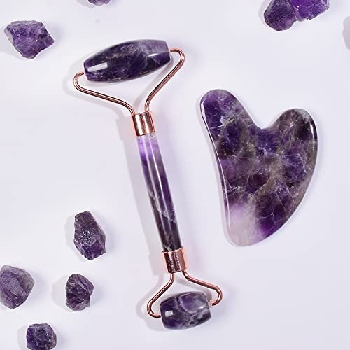 PAKMEZ Amethyst-, Naturstein-Gesichtsroller, Gua Sha-Werkzeugset, Kratzkristallmassage, 2-TLG