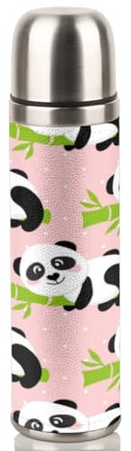 Panda Isolierte Bambus-Wasserflasche, 480 ml, Edelstahl, Metall, isoliert, auslaufsicher, Vakuum-Sport-Trinkflasche für Fitnessstudio, Camping, Wandern, Reisen, BPA-frei