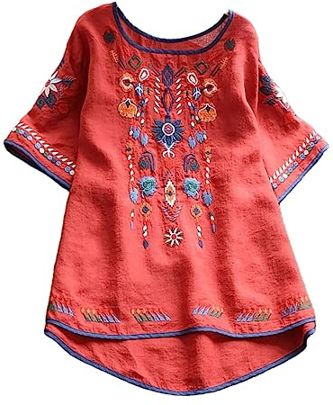 2024 Camisa Mujer Manga Corta de Lino,Blusas Mujer Tallas Grandes Moda Cuello en Redondo Algodón y Lino Color Sólido Camisa Bordado Camiseta Elegant Suelto Tops Original tee Primavera Verano