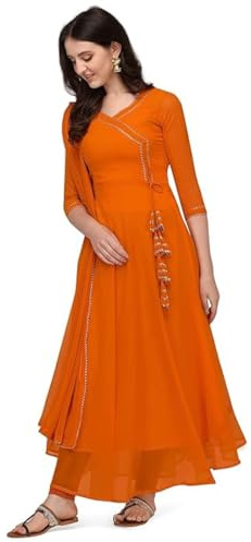 Estationeryhouse Women's Georgette Anarkali Kurta Kurti with Dupatta (Bottoms not included) (XXL, Orange)