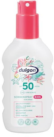 dulgon SPF 50 Spray solare per bambini, 200 ml, protezione solare senza octocrylene, protezione dai raggi UVA e UVB, protezione solare per bambini 50, impermeabile, senza profumi, vegano e senza