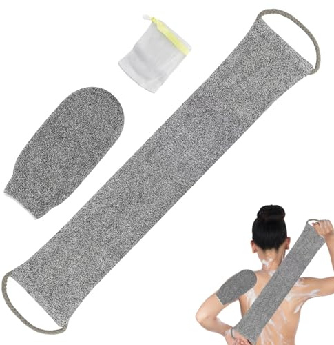 3 estropajos de espalda para ducha, fibra de bambú, esponja exfoliante, guante de masaje con centro de jabón (gris)