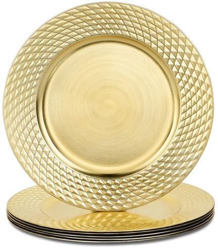 Kazozobi 13 Gold Metallic Foil Charger Plates, Round Plastic Server Ware Chargers for Dinner Plates, Decorative Table Setting Bulk Event, Party, Wedding, 6 Pack