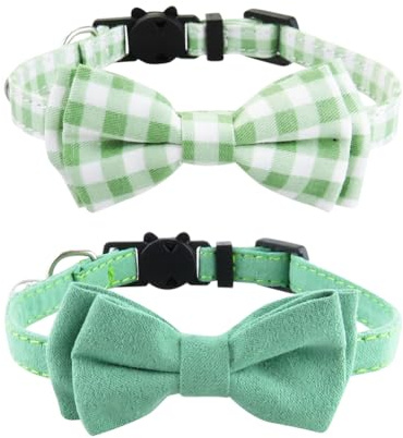 Katzenhalsband mit Fliege, einfarbig, kariert, für Weihnachten, niedliches Kätzchen-Halsband, verstellbar, weich, elegant, Kätzchenhalsband, klein, mit Glöckchen, Grün, 2 Stück