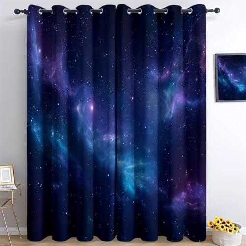 Traumnachthimmel Galaxie Ösenschals H140 x B90 cm (2er Set), Absolut Blickdichte Thermo-Gardinen für Babyzimmer und Arbeitsplatz, Blau Lila