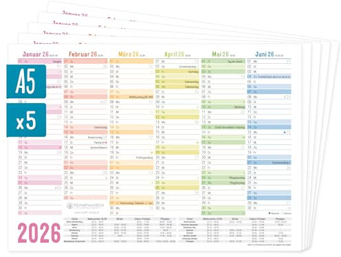 Häfft® 5 x Tafelkalender 2026 A5 quer Rainbow - Jahresplaner, Wandkalender, Jahreskalender inkl. Kleine Übersicht Folgejahr, Feiertage & Ferienübersicht - nachhaltig & klimafreundlich
