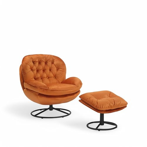 Orange Swivel Cuddle Chair and Footstool Set – Elegant Velvet Swivel Armchair with Deep Button Tufting, 360° Rotation & Sturdy Metal Base, Perfect Nursing Chair and Footstool or Accent Seat for Living