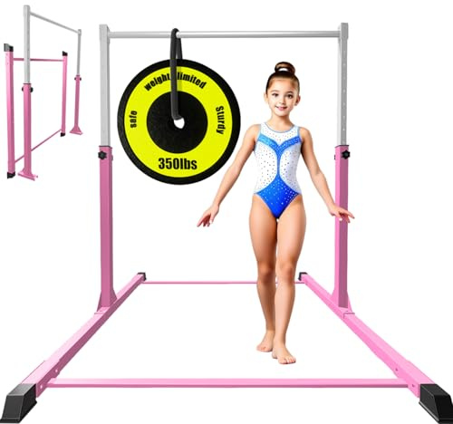 Gymnastics Bar for Kids Ages 3-18, Easy to Assemble and Release, 3'-5' Adjustable Heigh, Anti-Slip, Steel Home Gym Training Bar for Junior Gymnasts, Gymnastic Equipment for Indoor Practice, Pink