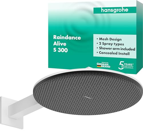 hansgrohe Raindance Alive S - wassersparende Kopfbrause (EcoSmart) mit Brausearm, Duschbrause (300 mm), Regendusche mit 2 Strahlarten für Wandmontage, Brausekopf, Antikalk-Funktion, Mattweiß, 24541700