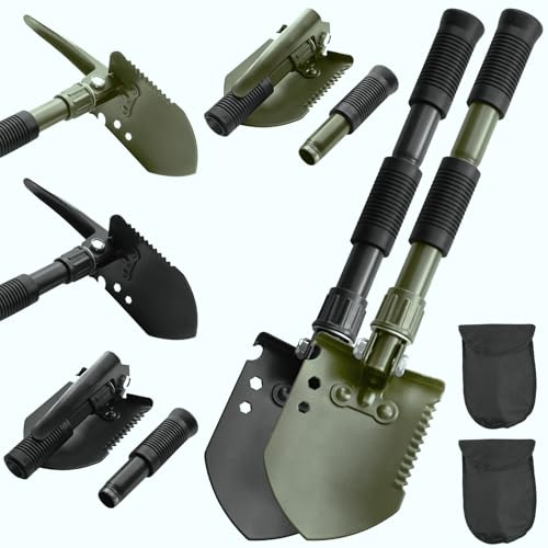 Folding Camping Shovel, Carbon Steel Multi-Tool Survival Shovel for Outdoor, Emergency, Hiking, Car Off-Road (2-Pack)