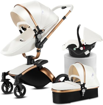 3 in 1 Kinderwagen, dämpfende Räder weiß | Leichter Rahmen aus Aluminiumlegierung. Stoßdämpfung für sanfte Fahrt, anpassbarer Sonnenschutz