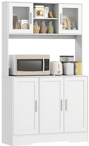 HOMCOM Armoire de Cuisine, Buffet Cuisine Meuble de Rangement scandinave avec placards, Compartiments Ouverts, Portes vitrées et Plan de Travail, pour Salle à Manger, Salon, 108 x 35 x 180 cm, Blanc