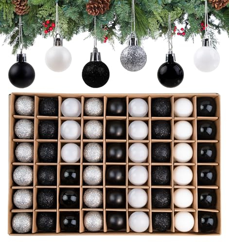 Anstore 54er Mini Weihnachtskugeln Schwarz Weiß Silber Set | Christbaumkugeln Klein 3cm Weihnachtskugeln Weihnachtsbaum Kugeln Christbaumschmuck mit Aufhänger, Weihnachtsbaumkugeln für