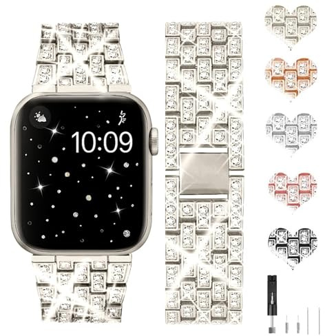 JJii Sung Bling Diamant Armband kompatibel mit iWatch 38mm 40mm 41mm 42mm 44mm 45mm 46mm 49mm, Damen Funkeln Schmuck aus Edelstahl Metall Armband für iWatch Serie Ultra SE 11 10 9 8 7 6 5 4 3 2 1