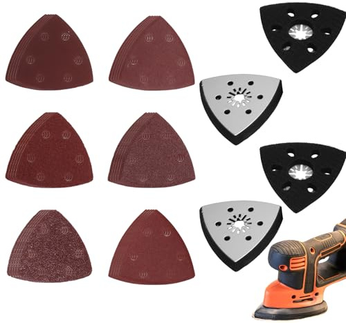 TMZELOA Dreieck Schleifplatte 93mm 6-Loch mit 30 Schleifpapier Körnung 40–240 – Multitool Schleifplatte Klett für Holz, Metall, Wand, Entrosten, kompatibel mit Fein Multimaster, Bosch, Parkside