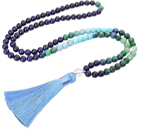 Generisch 108 Mala-Perlen-Knotenkette Für Damen Und Herren, Natürliches Lapislazuli-Edelsteinarmband, Lange Halskette Mit Quaste, Gebet, Spirituelle Meditation, Schmuck, Geschenke