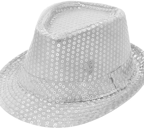 Pailletten Hut für Karneval & Fasching – Glitzer Fedora Partyhut Damen Herren Kinder | Disco, Silvester, Festival & Kostüm Accessoire | Einheitsgröße, viele Farben, leicht & hochwertig (Silber)