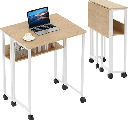 Garvee Klapptisch mit Rollen – 63x50 cm Kleiner Schreibtisch klappbar, Platzsparender Home Office Tisch mit Stauraum & Bremsrollen, Beige