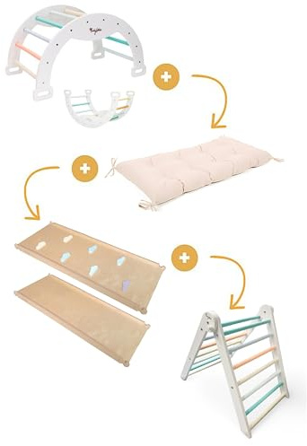Family Nation, Arco Montessoriano Sunny Beach con Cuscino, Scivolo Montessoriano e Triangolo Pikler, per Bambini da 1 Anno di Età, Sviluppo Equilibrio e Agilità, Solida Struttura in Legno