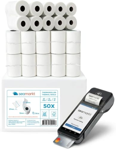 Seamarkt 50 Stück 57mm x 14m x 12mm, Länge 14 Meter, Thermorollen & Thermopapier, 48 g, Kassenrollen, Bonrollen für Bankomat und Kredit-Kartenlesegeräte, BPA-Frei, 50 Rollen 57x40x12-14 M