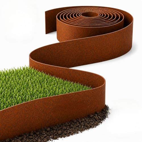 Rori Cortenstahl Rasenkante 10 m Rolle - 20 cm Höhe - Flexible Beeteinfassung aus Metall - Abgerundete Oberkante - Biegsame Garten Rasenkante - Beetkante & Rasentrenner für Garten und Wege