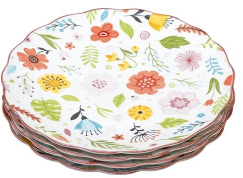 Darthome Set of 4 Floral Ceramic Dinner Plates, Multicoloured, 27cm, Scalloped Rim, Dishwasher Safe, Botanical Flower Meadow Design