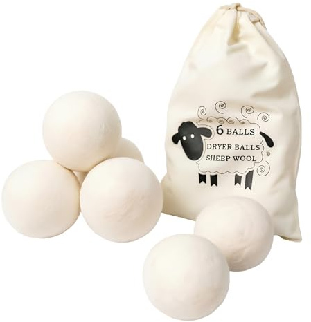 6 Pack Natural Wool Dryer Balls - Extra Large Size - Biodegradable Wool - Reduces Drying Time - Removes Static - Reusable Laundry Balls - Chemical Free