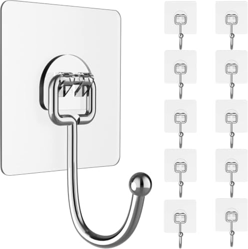 CUULANIX 10 Stück Klebehaken Extra Stark, 5kg (Max), Transparente Selbstklebende Haken, Wasserfeste & Rostfrei Haken für Bad, Küche Wand & Decke Aufhänger