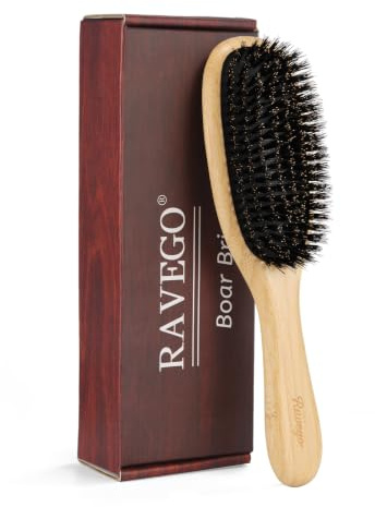 RAVEGO Hårborste, vildsvinsborst borste för tunt, fint hår, bambu paddel naturborst borste för kvinnor män barn för att reda ut och styla, minskar hårbrott och frissigt